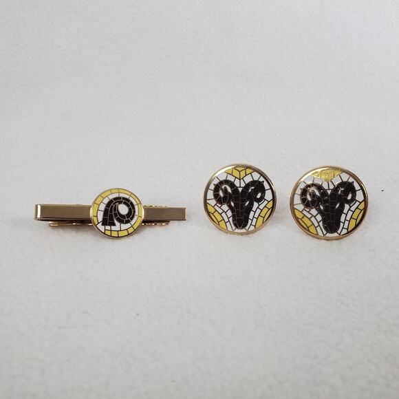 Vintage Anson Brass Rams Head Aries Cuff Links and Tie Clip Enamel Mosaic Inlay - Picture 1 of 8